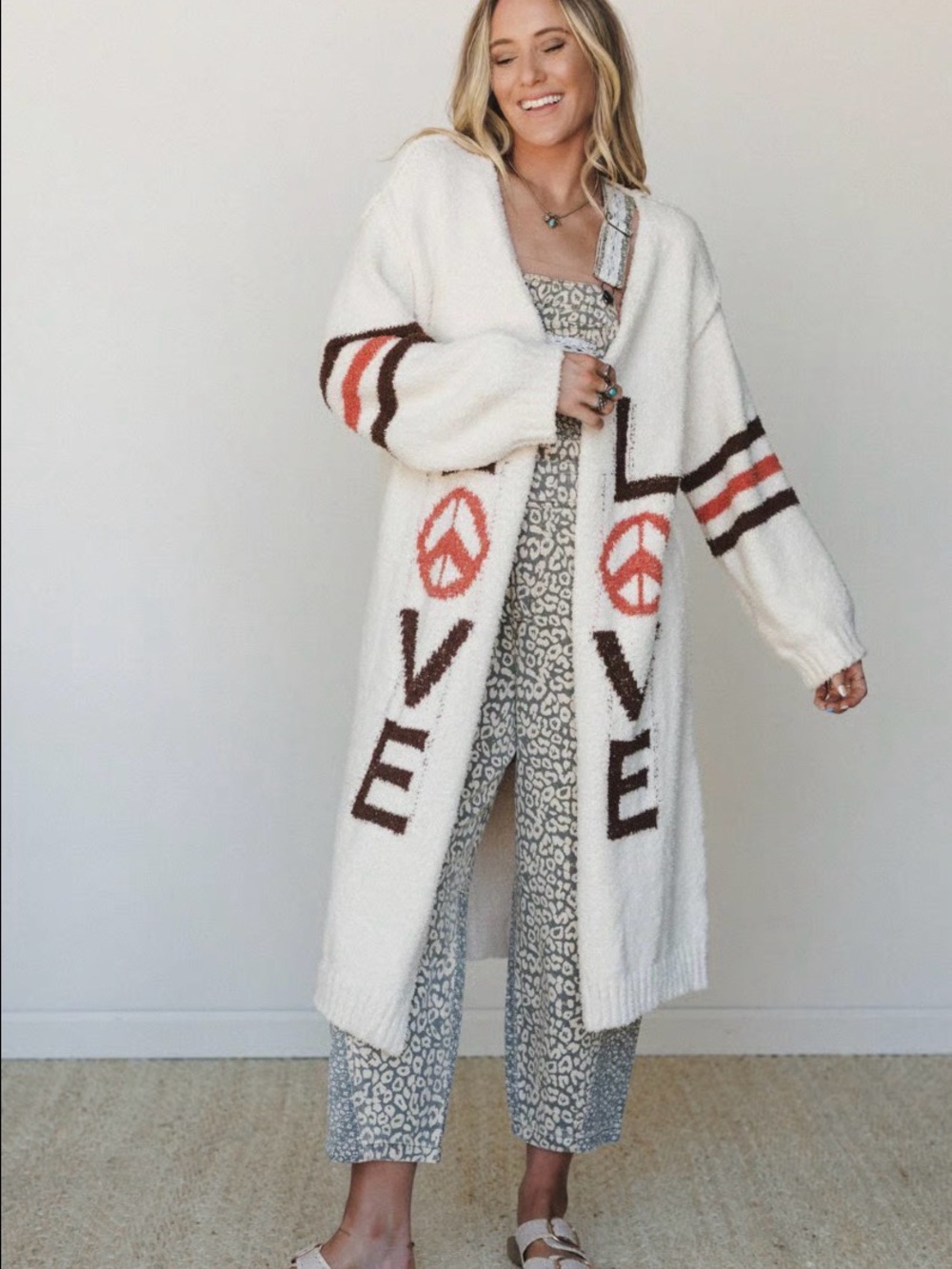 POL Ivory Long Open-Front Cardigan with Brown and Coral Accents